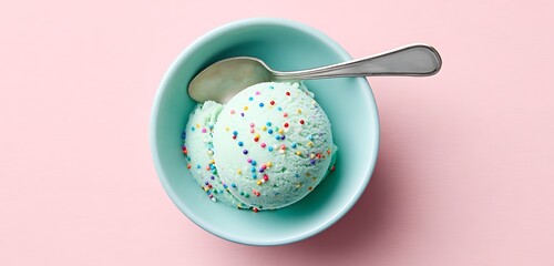 A scoop of bubblegum ice cream with colorful sprinkles, served in a bowl