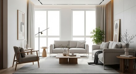 Fototapeta premium A modern minimalist living room featuring two light gray sofas, an armchair, a wooden coffee table, and large windows, adorned with contemporary decor and a neutral color palette.