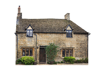 Two-story stone old English cottage linked house in UK isolated transparent png	
