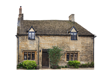 Two-story stone old English cottage linked house in UK isolated transparent png	