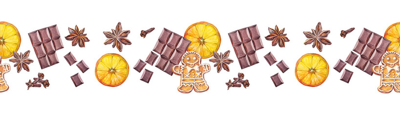 Watercolor seamless border with Christmas gingerbread man chocolate and orange on white background. Celebration winter New Year rim with dessert food condiment. Bakery cookie for wallpaper wrapping