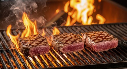 Three juicy steaks grilling over an open flame on a barbecue