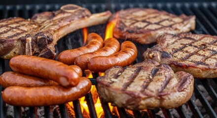 Fototapeta premium Closeup of various grilled steaks and sausages on a barbecue grill