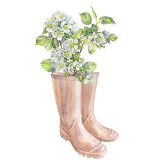 Watercolor apple flower in beige rubber boots isolated on white background. Shoes for summer or spring rainy walk. Waterproof outfit. Protection wellingtons for work in garden. Clipart for wallpaper