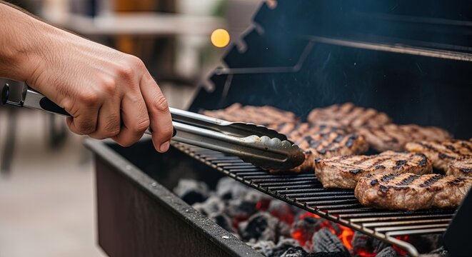 Hand using tongs to turn juicy burgers on a hot charcoal barbecue grill