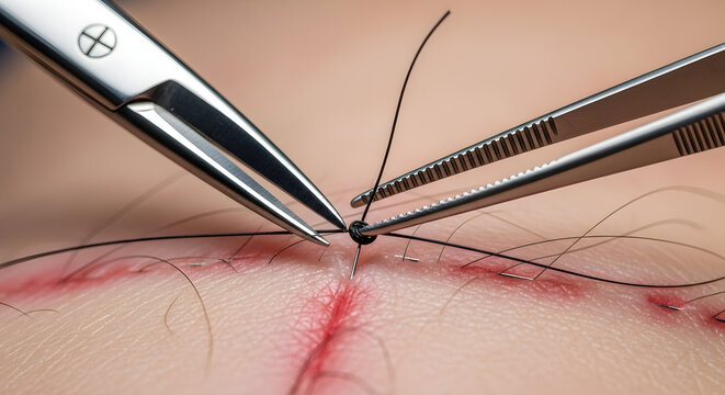 Close-Up of Surgical Suturing Procedure with Tweezers and Scissors on Anatomical Tissue in a Clinical Setting During a Medical Operation