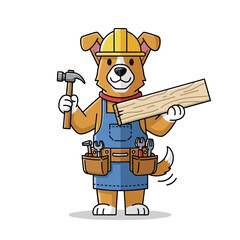 Cute cartoon dog carpenter character holding a hammer and wood.