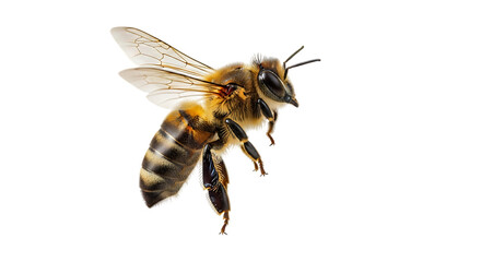 honey bee with translucent wings and striped abdomen in flight, cutout, PNG isolated on white or transparent background