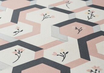 Elegant geometric pattern with interlocking 3D hexagonal shapes and delicate minimalist floral illustrations