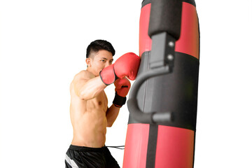 Muscular Asian Man in Red Boxing Gloves Training with a Free-Standing Punching Bag on White Background