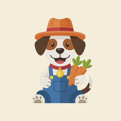 Cute cartoon dog farmer wearing overalls and hat holding carrots.