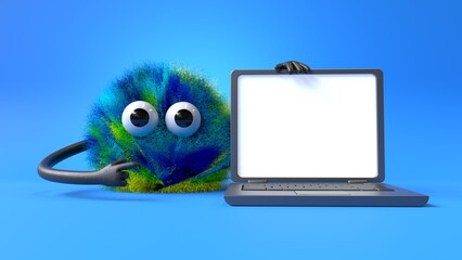 Fluffy, cute monster presenting a laptop, symbolizing tech support or digital learning. 3D rendering, conceptual image. Isolated on white background.