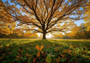 Majestic autumn tree with golden leaves in a sunlit forest clearing, vibrant fall landscape