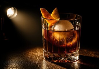 Intense low key dark whiskey cocktail with orange peel and spherical ice in etched tumbler