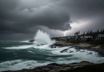Turbulent storm with crashing waves and lightning striking a coastal village under dark clouds