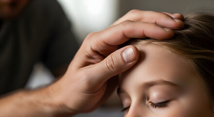 Obraz premium Gentle Parent's Hand Comforting Child's Forehead in a Serene Home Environment Focused on Love and Nurturing Connection