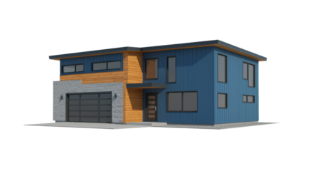 Modern Blue House with Wood Accents and Stone Facade in Contemporary Architectural Style