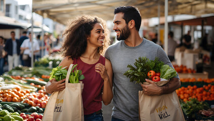 Happy diverse couple enjoying a vibrant outdoor farmers market, carrying eco-friendly bags brimming with fresh organic produce, embodying a healthy and sustainable lifestyle choice together