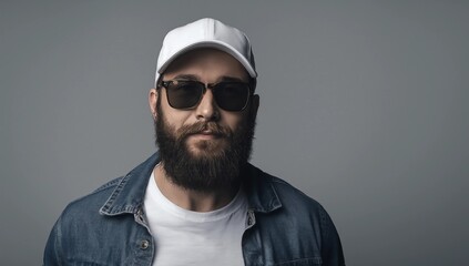 Fototapeta premium Hipster handsome male model with beard wearing white blank t-shirt and a baseball cap with space for your logo or design in casual urban style