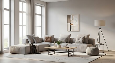 A modern living room with a large sectional sofa, coffee table, and floor lamp, bathed in natural light.