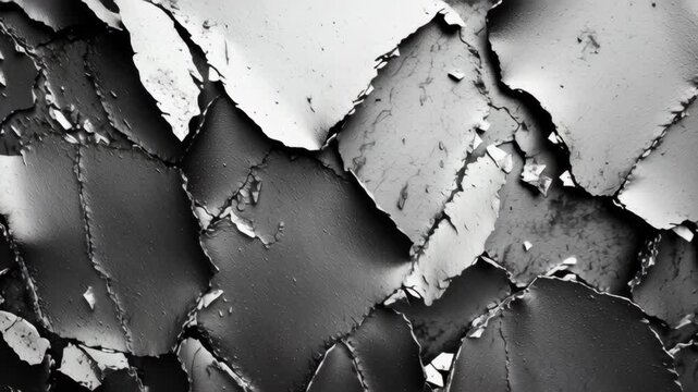 A black and white of a rock with a lot of cracks and holes. The rock appears to be old. a textured silver surface with rough edges and irregular shapes