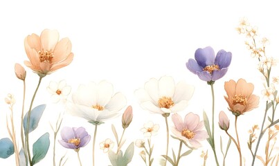 Naklejka premium watercolor wildflowers, pastel botanical flowers, white background