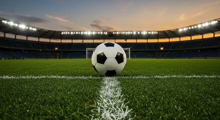 A soccer ball is placed on the green grass of a field inside a stadium at dusk, waiting.