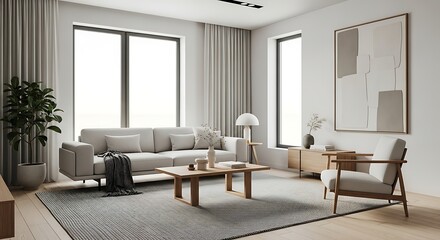Fototapeta premium Bright and spacious modern living room with minimalist Japandi style furniture and a serene neutral color palette