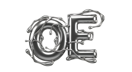 metallic liquid letters O and E with splashes, cutout, PNG isolated on white or transparent background