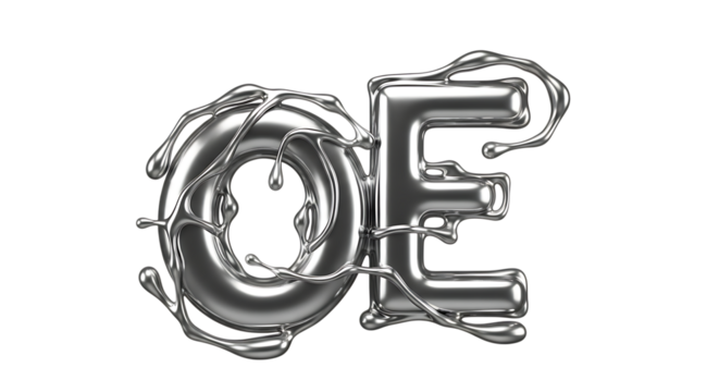 metallic liquid letters O and E with splashes, cutout, PNG isolated on white or transparent background