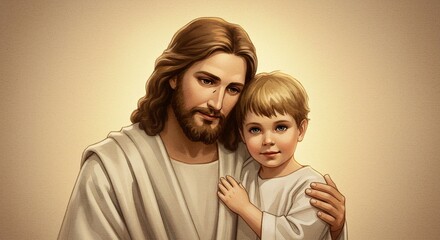 A digital illustration of an adult embracing a young boy against a light beige background.