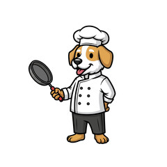 Cute cartoon dog chef holding a frying pan in a professional uniform.