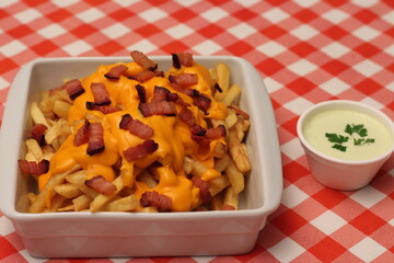 Cheesy Bacon Fries with Green Sauce