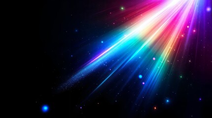 右上から差し込む虹色の光と粒子