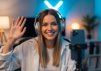 Smiling Vlogger Waving Hello While Live Streaming: Content Creator in Headphones Using Smartphone Camera