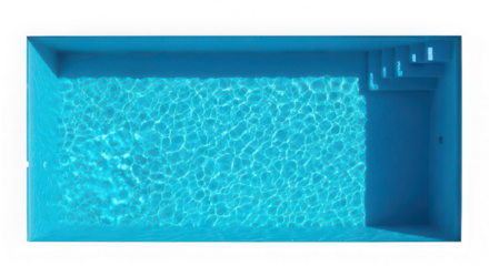 Aerial view of a rectangular swimming pool with clear blue water isolated on transparent background