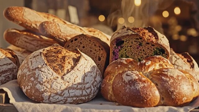 Fresh artisan bread loaves displayed in a warm bakery setting with natural lighting and rich textures