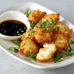 Delicious Golden Fried Snacks With Dipping Sauce Served on a White Plate