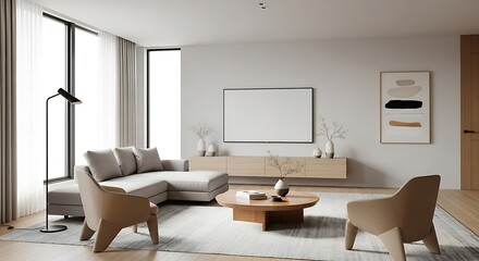 Contemporary minimalist living room design showcasing clean lines, light-filled spaces, a comfortable sofa, and tasteful decor for a serene and inviting modern home aesthetic