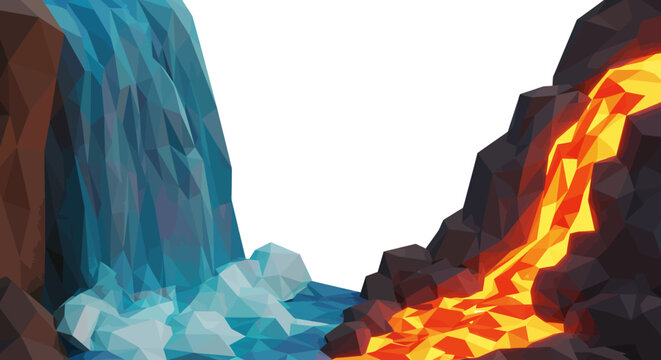 Water and Lava Low Poly Landscape Illustration.