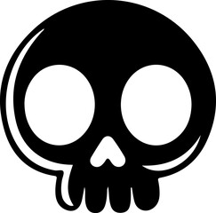 A simple black and white graphic illustration of a cartoon skull with large eyes.