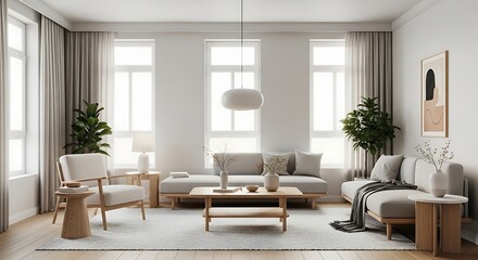 Fototapeta premium Modern and Comfortable Living Room Interior Design A Serene and Stylish Space with Natural Light