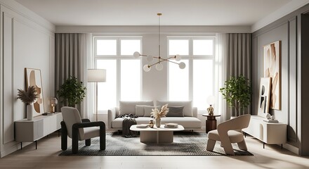 Sophisticated and serene living room interior design concept with stylish furniture, ample natural light, and a modern aesthetic