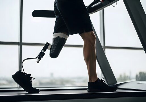 Prosthetic Athlete Running on Treadmill in Gym with Bionic Leg for Fitness and Rehabilitation