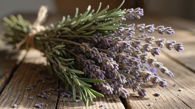 Fresh lavender and rosemary herb bundle on rustic wood in natural sunlight