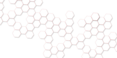 Abstract white background with red hexagons seamless pattern and geometric in vector design. Futuristic blue neon honeycombs. .Science network pattern, connecting lines and dots Medical background,