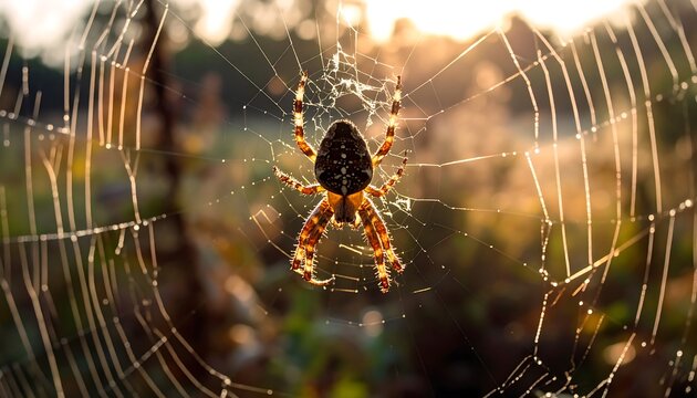 Orb weaver spider on its web at sunrise
