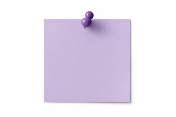 Purple sticky note with thumbtack on transparent background, adding reminder message or important memo