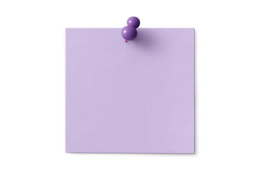 Purple sticky note with thumbtack on transparent background, adding reminder message or important memo