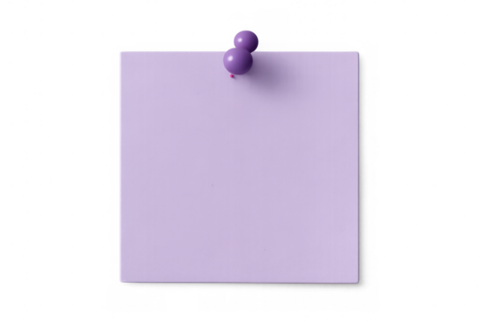 Purple sticky note with thumbtack on transparent background, adding reminder message or important memo